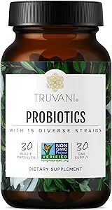Truvani Probiotic Supplement: 124; 30 Servering: 124; 15 Millioner CFU: 124; 15 Diverse Strops til fordøjelse, immunforsvar & hjerne helbreds støtte: 124; Shelf- Stable Vegan Kapsler: 124; Non-GMO, Ingen Fillers