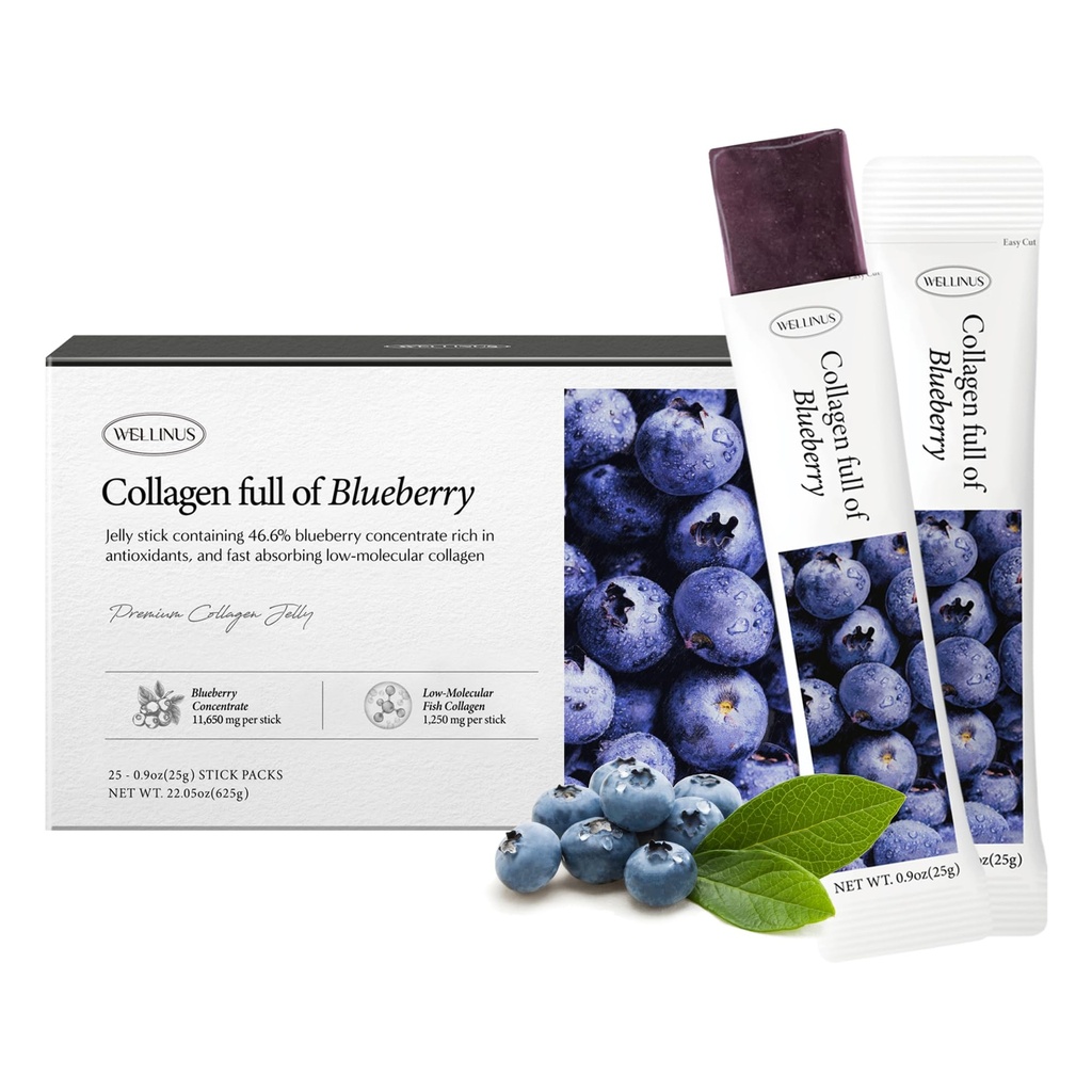 Koreansk Collagen Jelly Sticks - 25 Blåbær Flavored Marine Collagen Peptid Snacks til Anti- Aging- Collagen Protein Sugar- Free, Rejsepakker til hår & negle Styrke