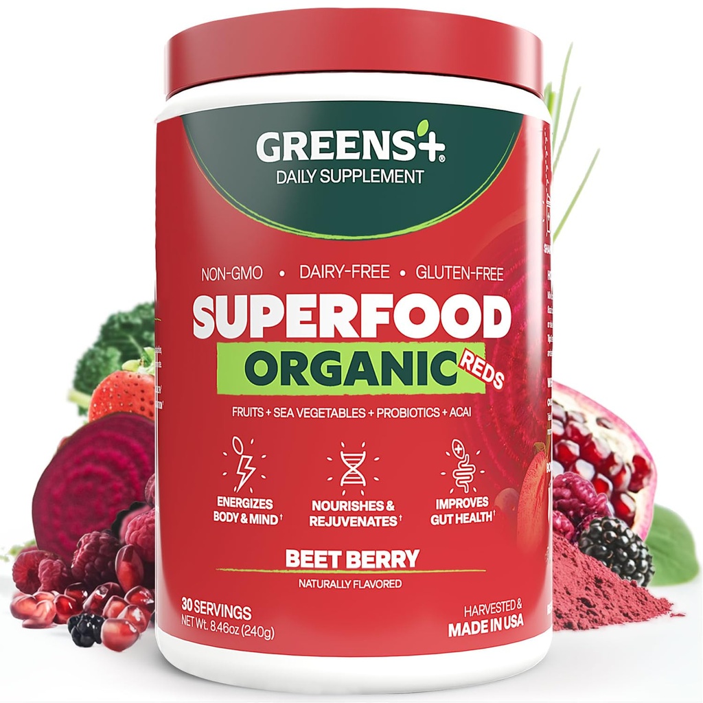 Green + Organic Reds Superfood Powder, Antioxidant, Polyphenol, Blend for Morning Kick, Energy, Vitality Boost, Nutrition, Vibrant Health, Vegan Soy / Dairy / Gluten Free (8.46oz)