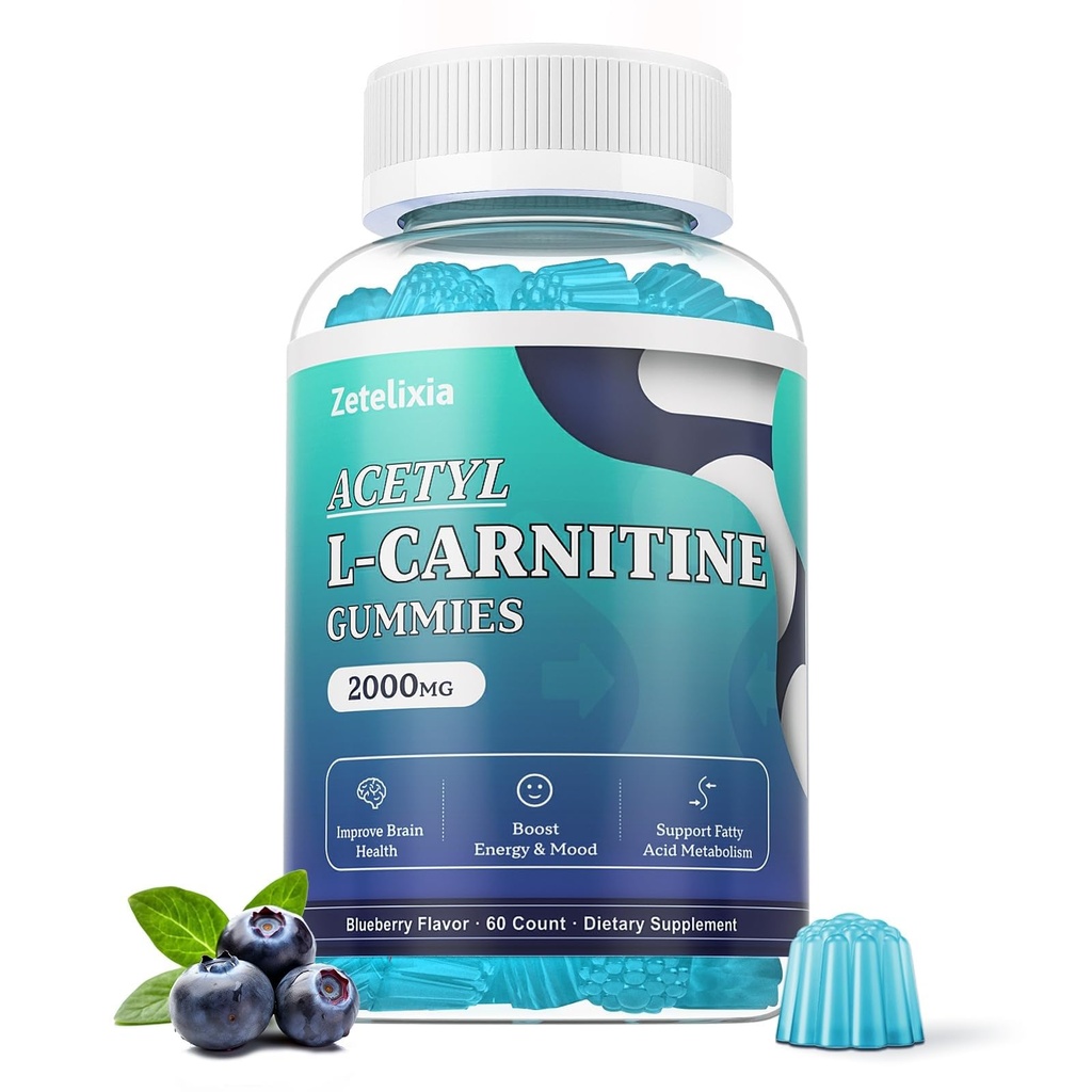 Sugar Free Acetyl L- Carnitin Gummies, L- Carnitin Supplement for kvinder & mænd, med C-vitamin & B12, ALLAR for energi, Brain & Heart Health Support, Vegan, Non- GMO, 60 Greve