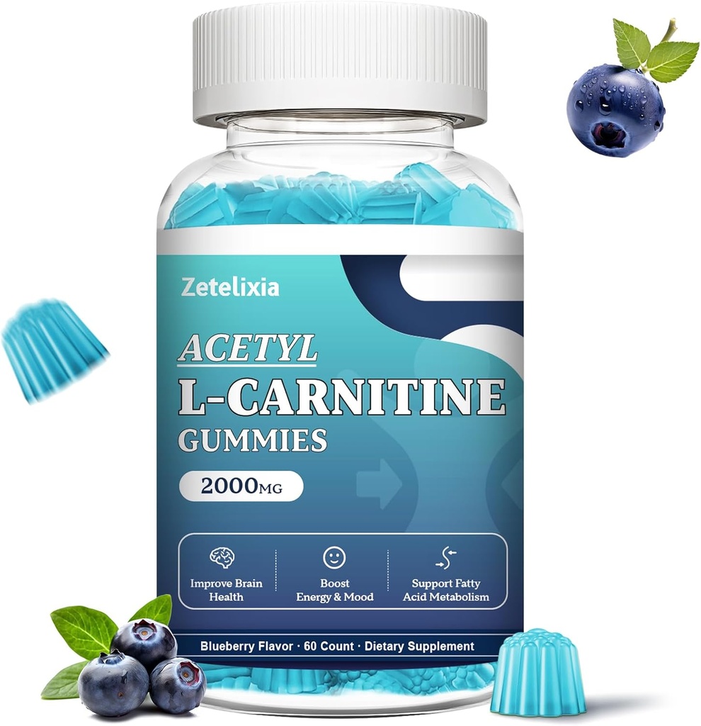Sugar Free Acetyl L- Carnitin Gummies, L- Carnitin Supplement for kvinder & mænd, med C-vitamin & B12, ALLAR for energi, Brain & Heart Health Support, Vegan, Non- GMO, 60 Greve