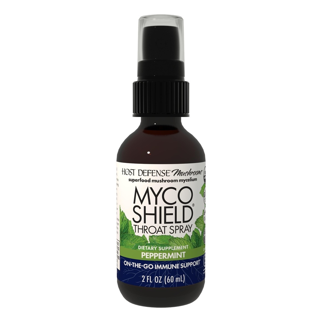 Host Defense MycoShield Throat Spray - immunforsvar - kosttilskud chaga, Reishi, Tyrkiet Tail & Mere - On- The- Go immunforsvar - pebermynte, 2 fl oz (142 Servere) *