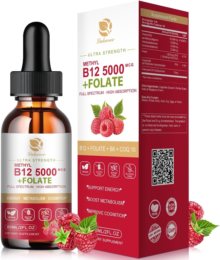 Lukaree Vitamin B12 Sublingual Drops Vegan B12 Vitaminer Liquid- Full Spectro- Methylcobalamin, Adenosyl & Hydroxy B12, for Energy, Focus, Mood & immunsupport- 2 Month Supply, 2 fl oz