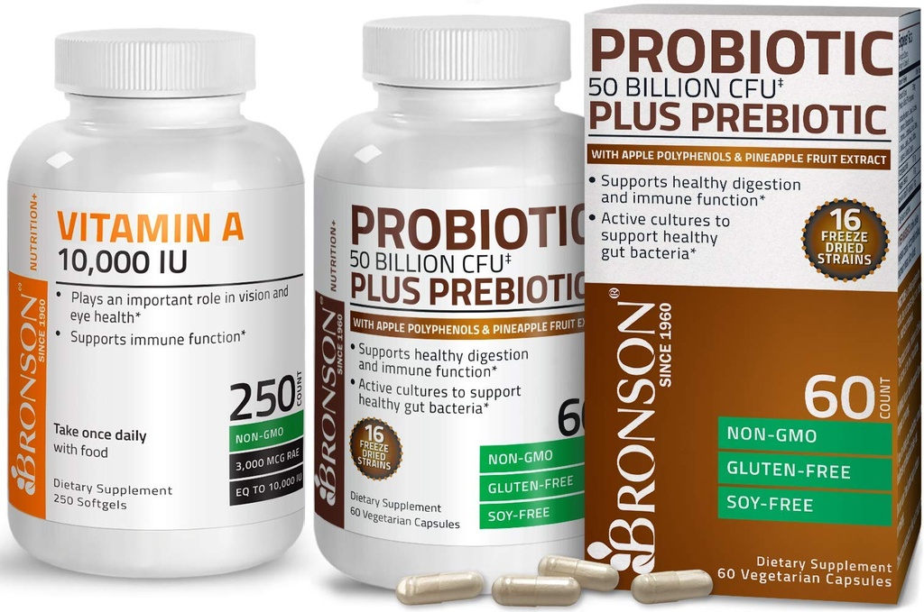 Bronson Probiotic 50 Millioner CFU + Prebiotic med Apple Polyphenoler & Ananas frugt ekstrakt + vitamin A 10.000 IE Premium non-GMO formel