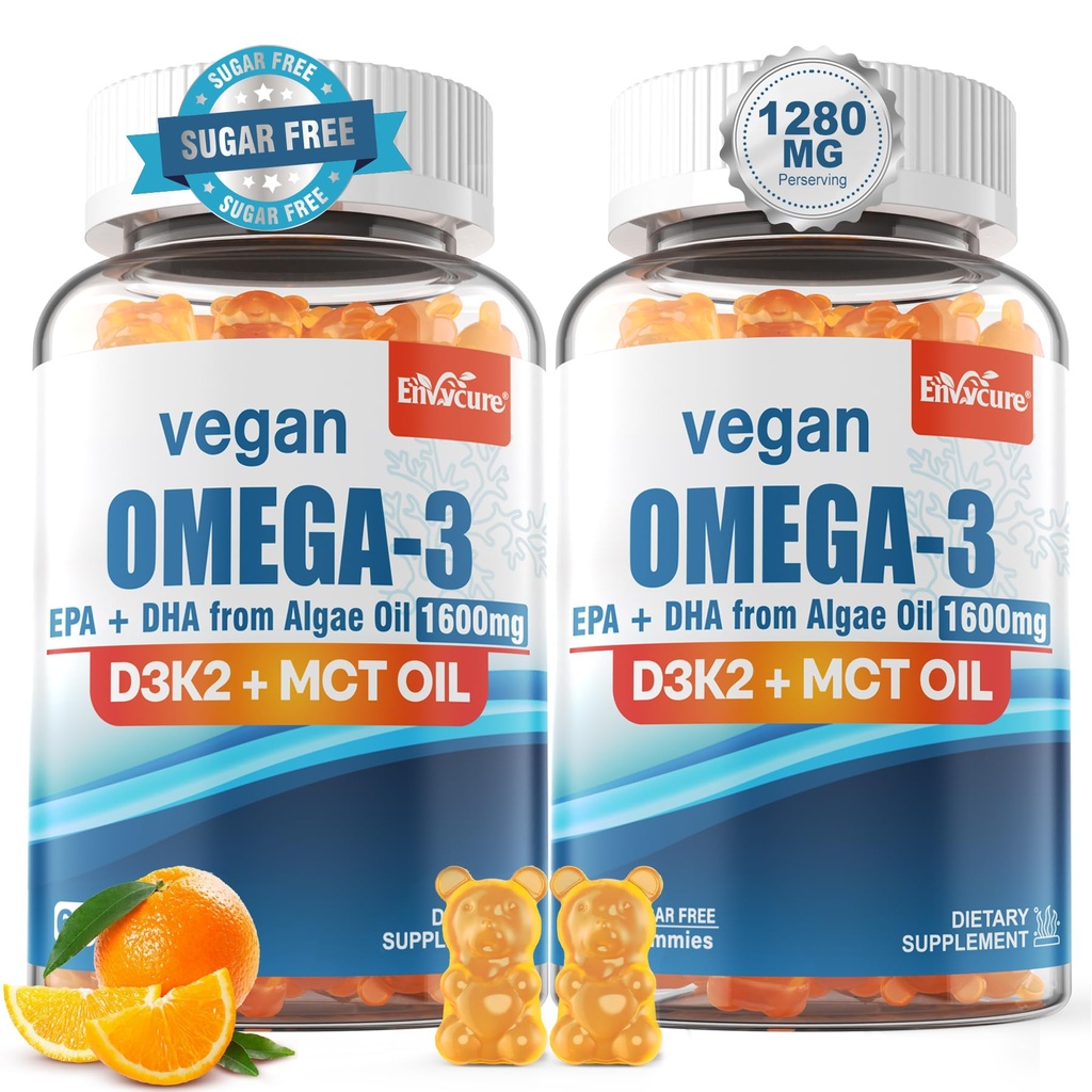 Vegan Omega 3 Gummies 1280mg + D3 K2-vitamin (MK7), Omega 3 Fish Oil Alternative til voksne, w / Algae EPA 600mg & DHA 400mg, MCT Oil - No Fish Taste - for Brain, Eye, Immunation, Sugar Free, 2 Pack
