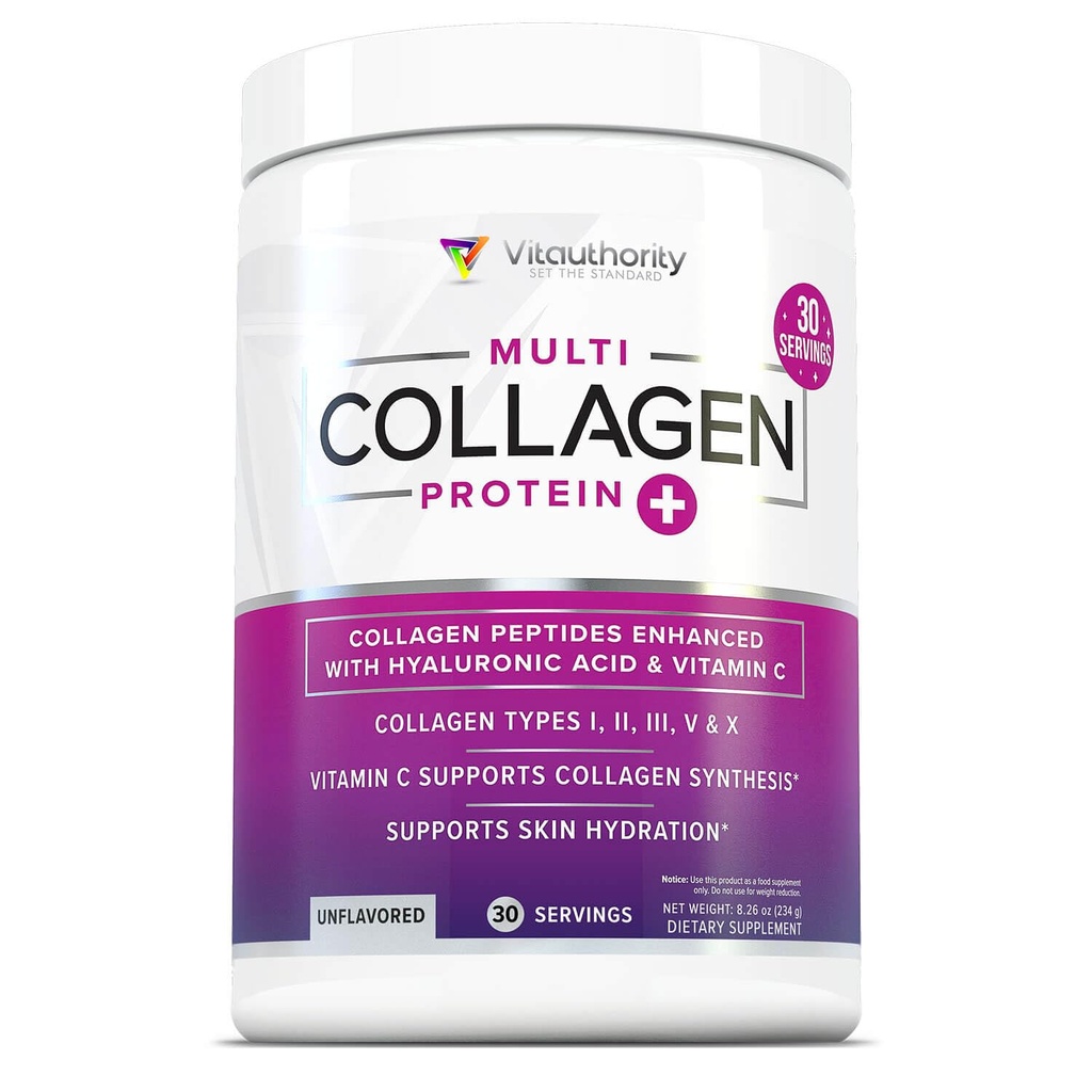 Multi collagen peptider pulver til kvinder - Hydrolyseret Unflavored collagen pulver til kvinder med type I II III V & X plus C-vitamin & hyaluronsyre til smukke hår hud og negle - 30 Servere