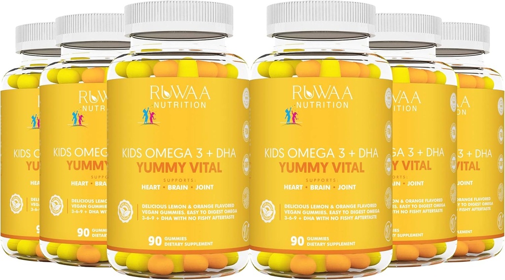 RUWAA NUTRITION Kids Omega 3 Gummies DHA EPA Omega 3 Supplement Kids. Ingen Fish Oil After- Taste Vegan Omega 3 6 9 + DHA Gummies & Vitamin C. Kognitiv sundhed, fokus, Vision. Børn Omega 3 540ct (6)