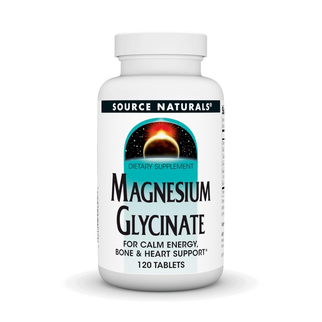 Source Naturals Magnesium Glycinate, Chelated for high Absabsorption 124; for Calm Energy, Bone & Heart Support *, 200 mg per servering - 120 tabletter