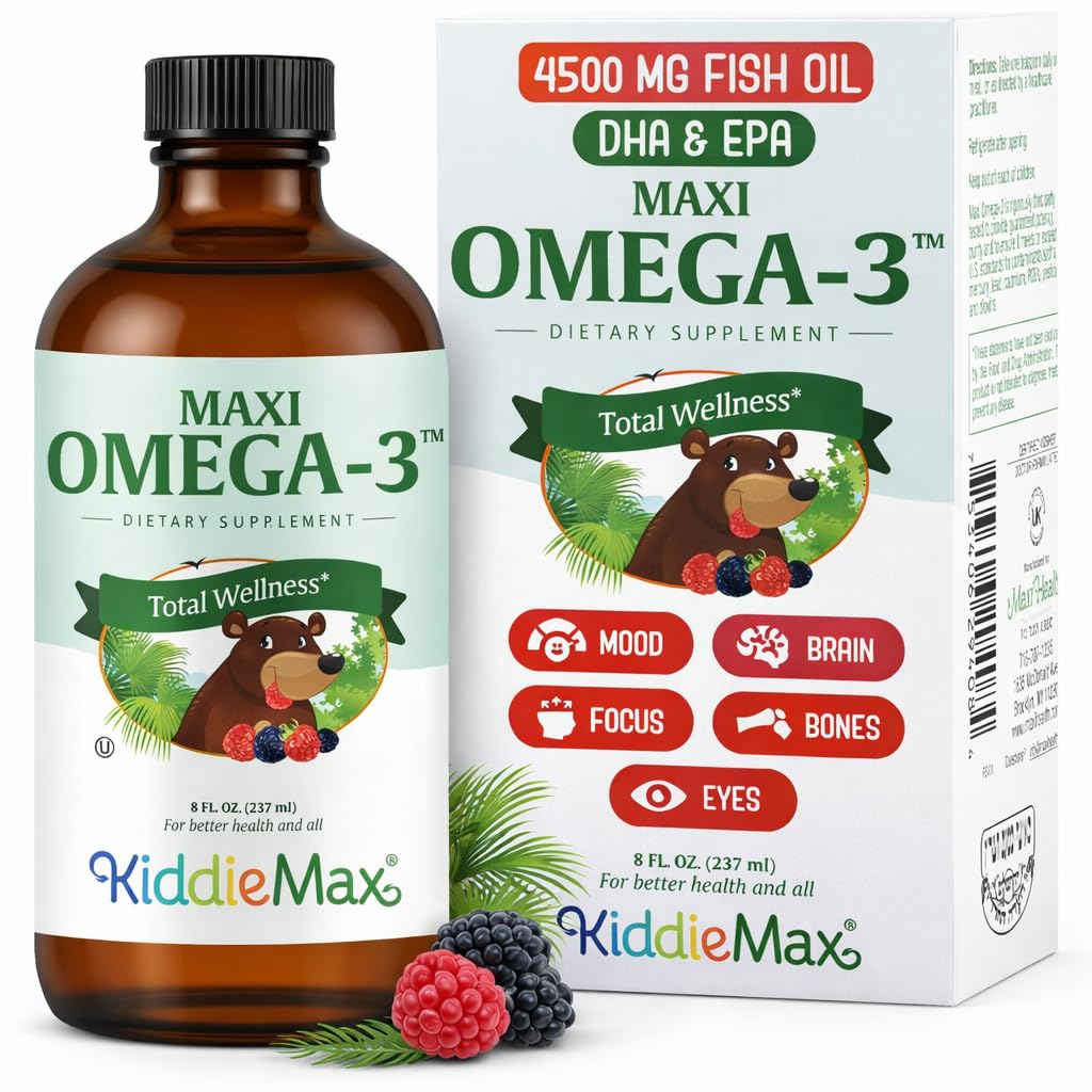 Maxi Health Omega 3 for børn Supplement - Kosher Omega 3 Kids Fish Oil Liquid med DHA & EPA - Flydende Fish Oil Supplement med Fruity Burst Flavor til Support Mood, Brain, Focus, Bones & Eyes (8 oz)