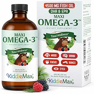 Maxi Health Omega 3 for børn Supplement - Kosher Omega 3 Kids Fish Oil Liquid med DHA & EPA - Flydende Fish Oil Supplement med Fruity Burst Flavor til Support Mood, Brain, Focus, Bones & Eyes (8 oz)