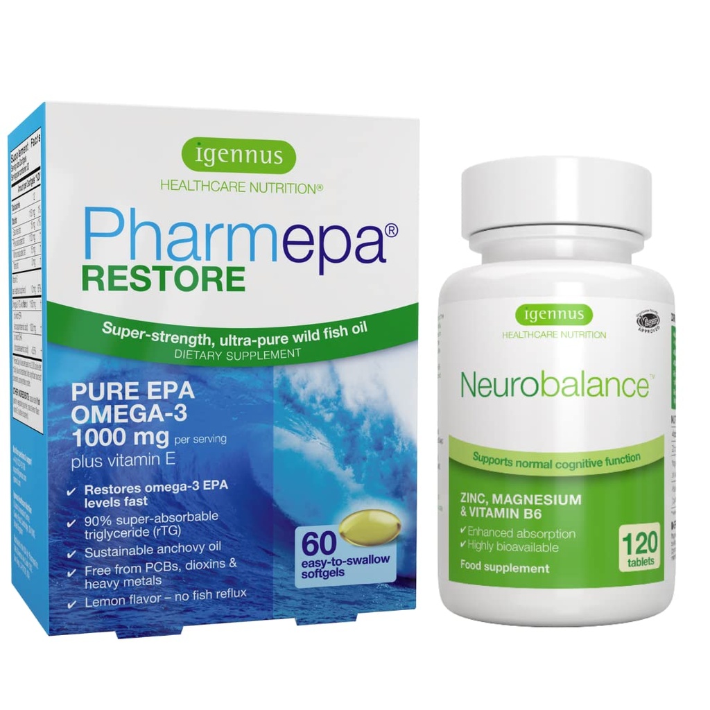 Igennus Pharmepa Genopret EPA + Neurobalance Zink, Magnesium & vitamin B6 Mood Health Bundle for opmærksomhed og fokus