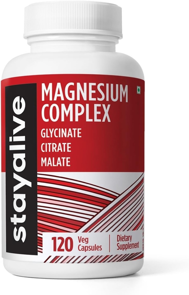 STAY ALIVE Triple Magnesium Complex Supplement 500mg, Chelated Glycinate, Citrate & Malate Powder, Høj Absorption Magnesium for kvinder og mænd, 120 piller, Non- GMO & Gluten- fri kapsler