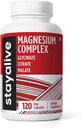 STAY ALIVE Triple Magnesium Complex Supplement 500mg, Chelated Glycinate, Citrate & Malate Powder, Høj Absorption Magnesium for kvinder og mænd, 120 piller, Non- GMO & Gluten- fri kapsler
