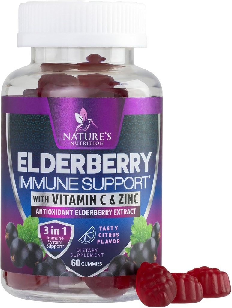 Immunsupport Gummies - Sambucus Elderberry Gummy med Elder Berry Extract, Zink & Vitamin C, Natural Vegan immunsupport supplement til voksne & børn, Gummy Elderberry Vitamin - 60 Gummies