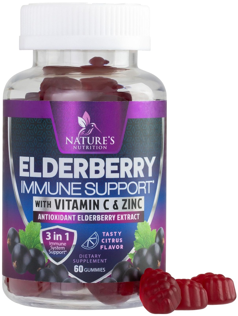Immunsupport Gummies - Sambucus Elderberry Gummy med Elder Berry Extract, Zink & Vitamin C, Natural Vegan immunsupport supplement til voksne & børn, Gummy Elderberry Vitamin - 60 Gummies