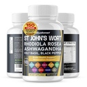 St. John 's Wort Rhodiola Rosea Ashwagandha Holy Basil Valerian Kamille Black Pepper -150 Capsules - Made in USA