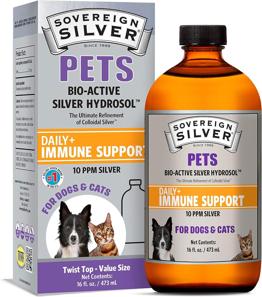 Sovereign Sølv Kæledyr immunforsvar - Kolloid Sølv, Bio- Active Silver Hydrosol, for hunde og katte, 10 ppm, Flydende Twist Top, 16 Fl Oz, (473 mL)