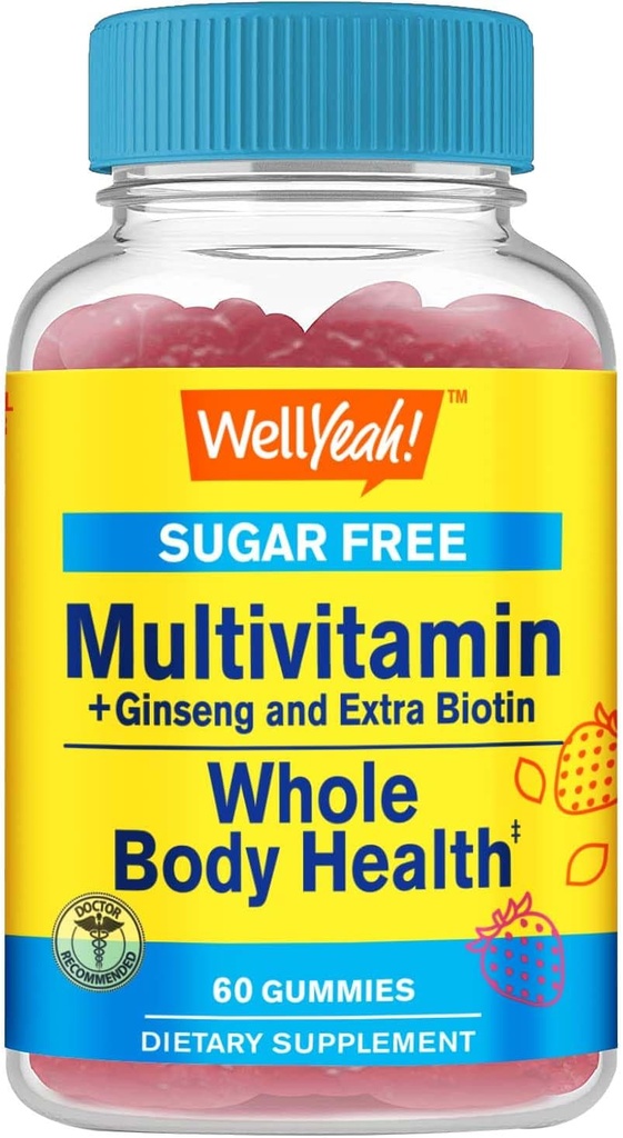 Multivitamin sukker fri gummier med Ginseng, vitamin A, C, D3, E, B12, B6, B1, B2, B5, Niacin, folinsyre, biotin, jod, zink, chrom, molybdæn, Lycopen, Inositol - Vegan - 60 Gummier