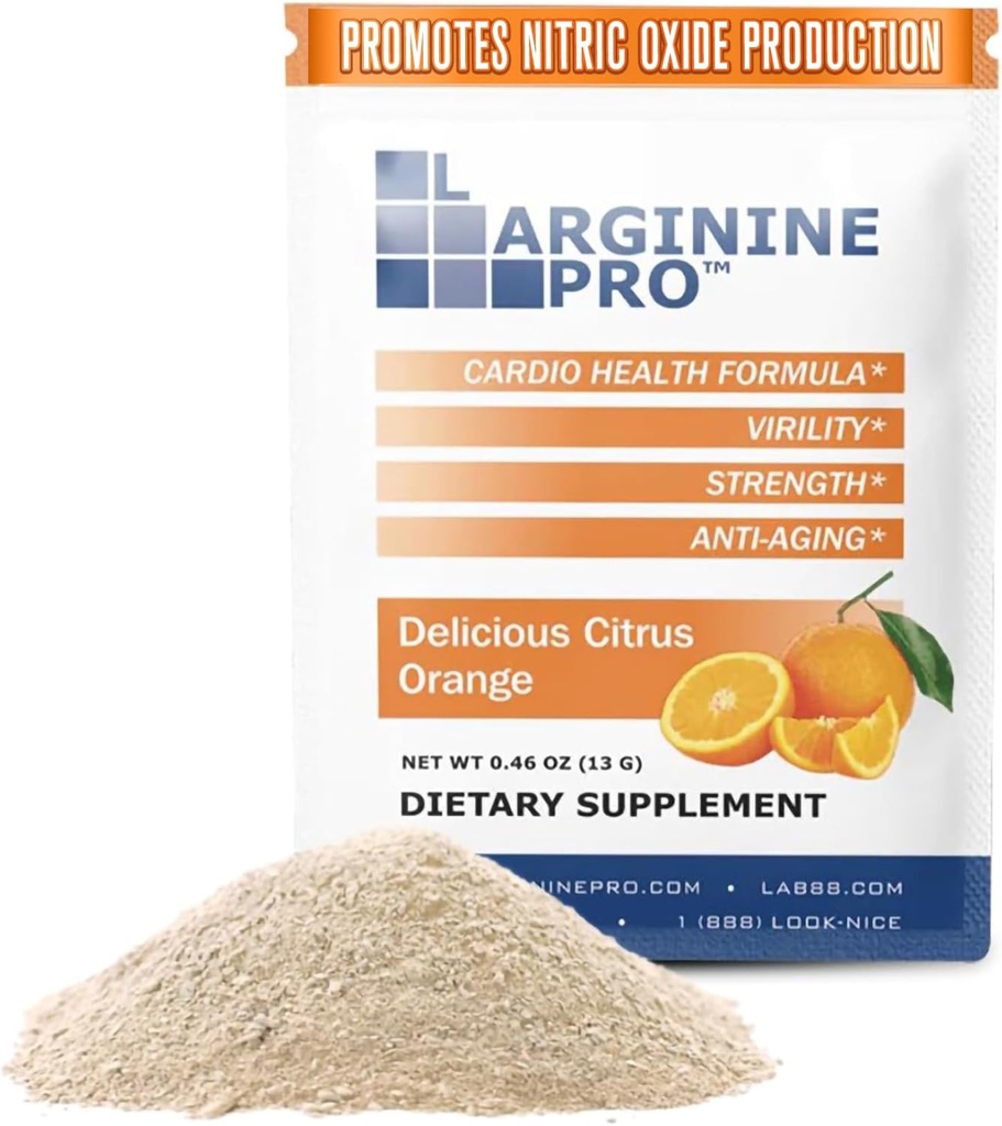 L- ARGININE PRO supplement Pulver • 124; 30 Pakker Single Serve Travel Størrelse • 124; 5,500 mg L- arginin Plus 1.100mg L- Citrullin, Orange