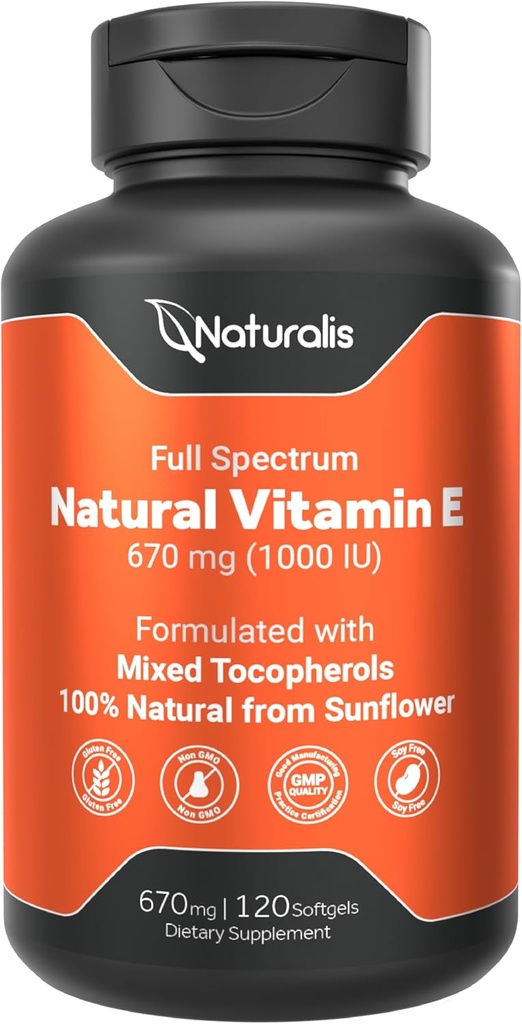 Naturalis Sunflower Vitamin E 670mg (1000 IU) with Mixed Tocopherols | Essential Skin Vitamin & Immune Support | Non-GMO, Soy & Gluten Free | 120 Softgels