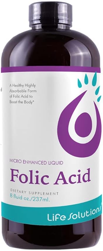 Life Solutions flydende folinsyre supplement - 800 mcg vitamin B9 per servering - Berry Flavor, 8 fl oz - Hurtig Absorption, Prenatal, Heart & Brain Support