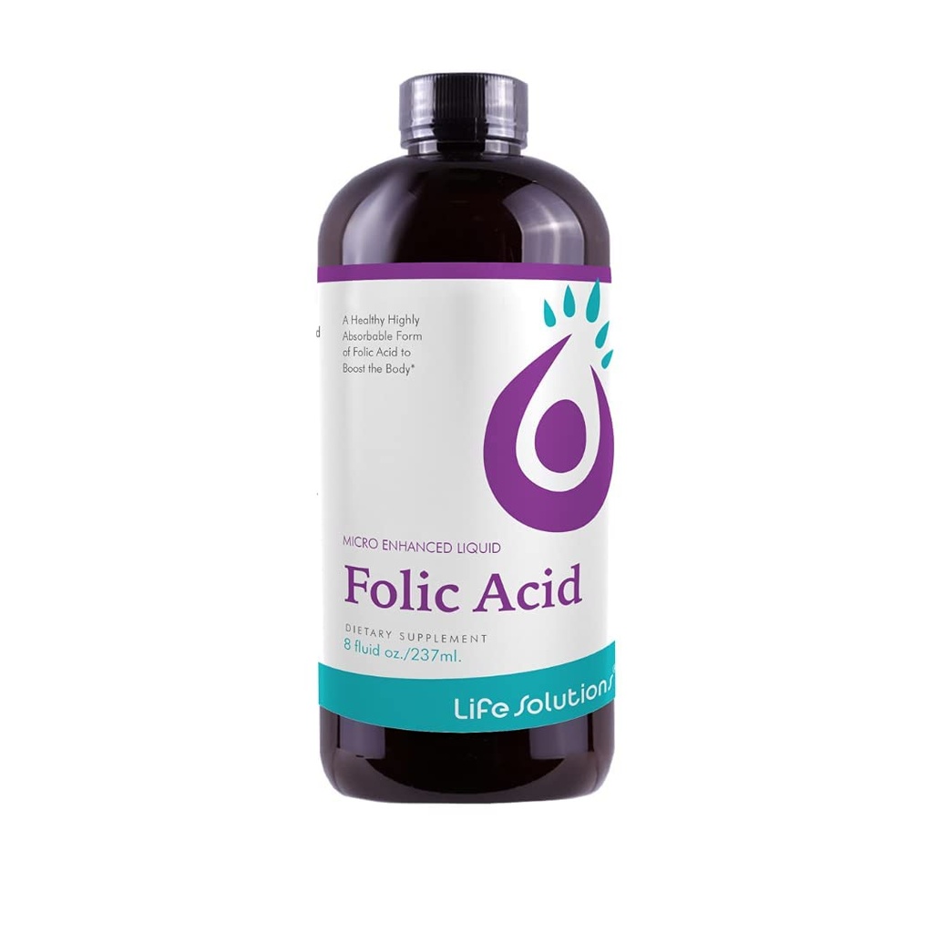 Life Solutions flydende folinsyre supplement - 800 mcg vitamin B9 per servering - Berry Flavor, 8 fl oz - Hurtig Absorption, Prenatal, Heart & Brain Support