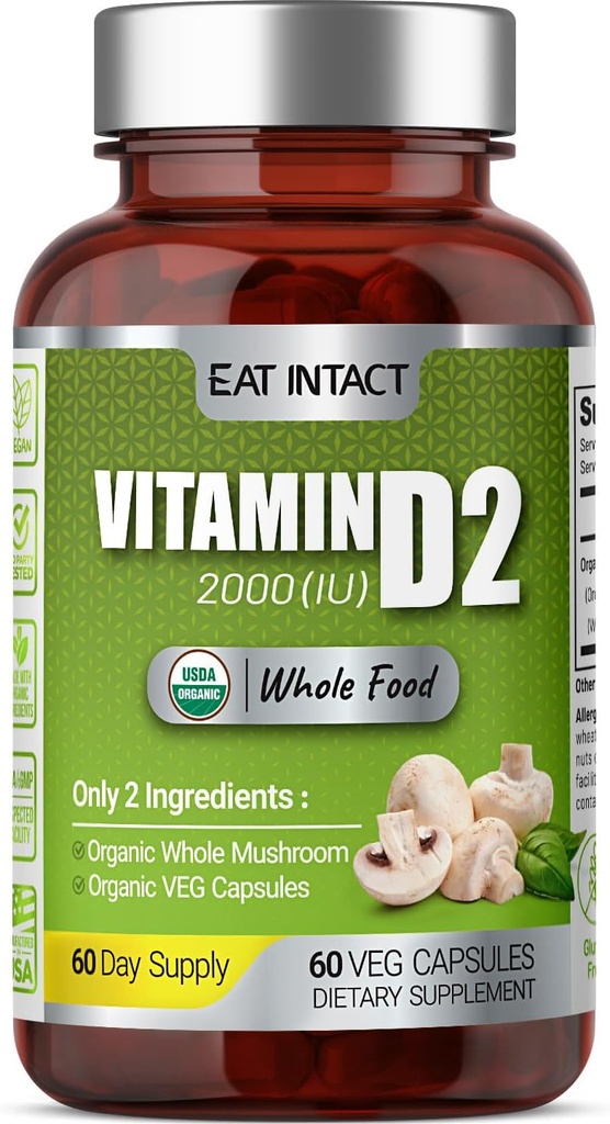 Vegansk hel Food Vitamin D, 2000 IE (50 mcg), D2, To Ingredienser (Organic Whole Mushroom og Organic Vegan Capsule), Non- GMO, Tredjeparts testet, 60 dages forsyning