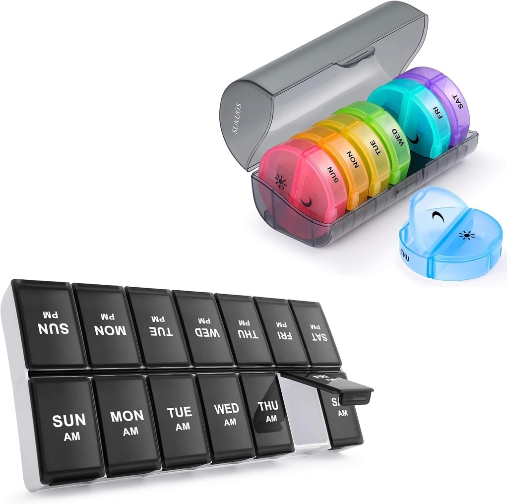 2 Pack Weekly Pill Organizer 7 Dag 2 gange om dagen, Sukuos Stor Daily Pill Box for piller / Vitamin / Fish Oil / Kosttilskud, BPA Free Pill Cases, Let at rengøre