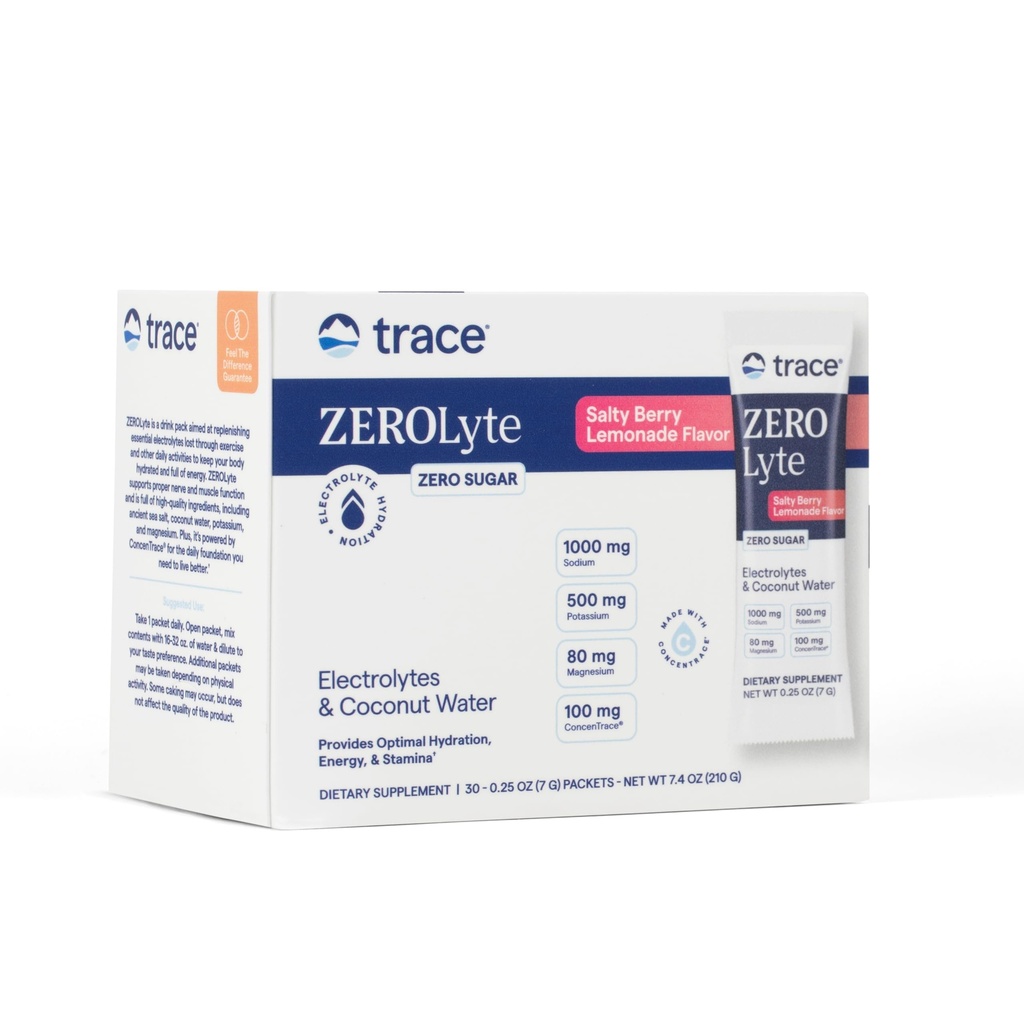 Trace Minerals ZeroLyte - Drink Mix Powder Supports Hydration & Energy - Aids Sund Nerve & Muscle Funktion - Support Heart & fordøjelse Sundhed - Salty Berry Lemonade, 30 Pakker (30 Servering)