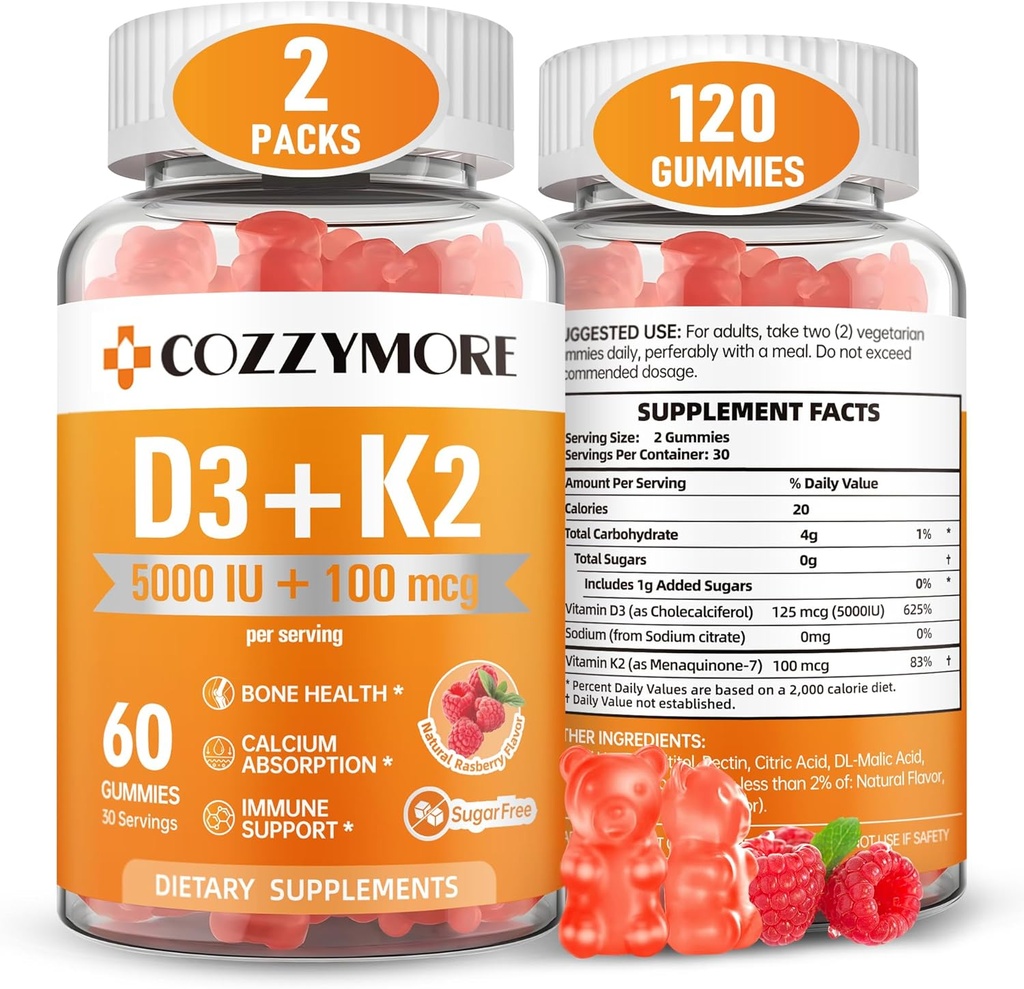 Sugar Free Vitamin D3 K2 Gummies, Vitamin D Gummies Supplement, 10000 IE + 200mcg D3 og K2 Kosttilskud, Tasty Gummy Vitamin, Support For Bones Muskeltænder Immunitet, 60 Servering 120 Gummies, Hindbær