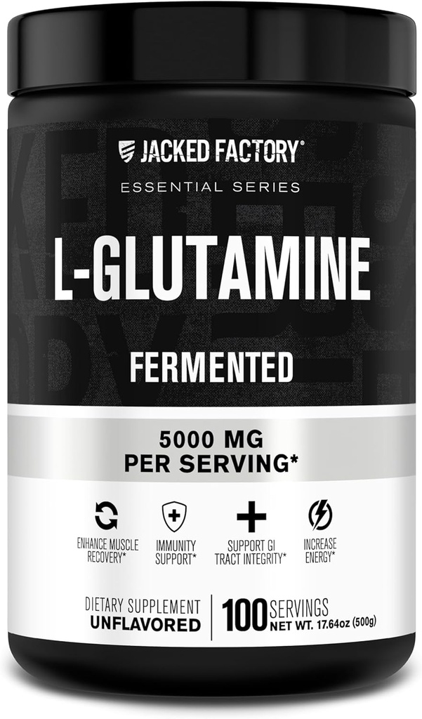Jacked Factory L- Glutamin Powder 100 Servering - Vegan Fermented L Glutamin Supplement til indlæg Workout Muscle Recovery, Immunitet, fordøjelsessygdomme