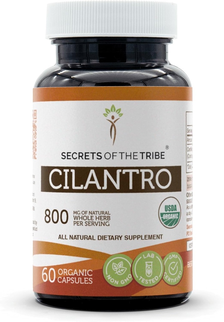 Secrets of the Tribe Cilantro USDA Organic Capsules against 124; Certified Organic Vegetarian Capsules, Herbal Dietary Supplementet 124; Coriandrum Sativum Tørret Leaf (60 Greve)