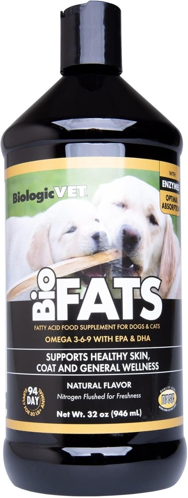 BiologicVET BioFATS - Indeholder Omegas 3, 6 & 9 - med EPA, DHA & ALA - for hund & kat - Hud & fælles sundhedsstøtte - Inkluderer fisk, hørfrø og olivenolie - 32 fl. oz.