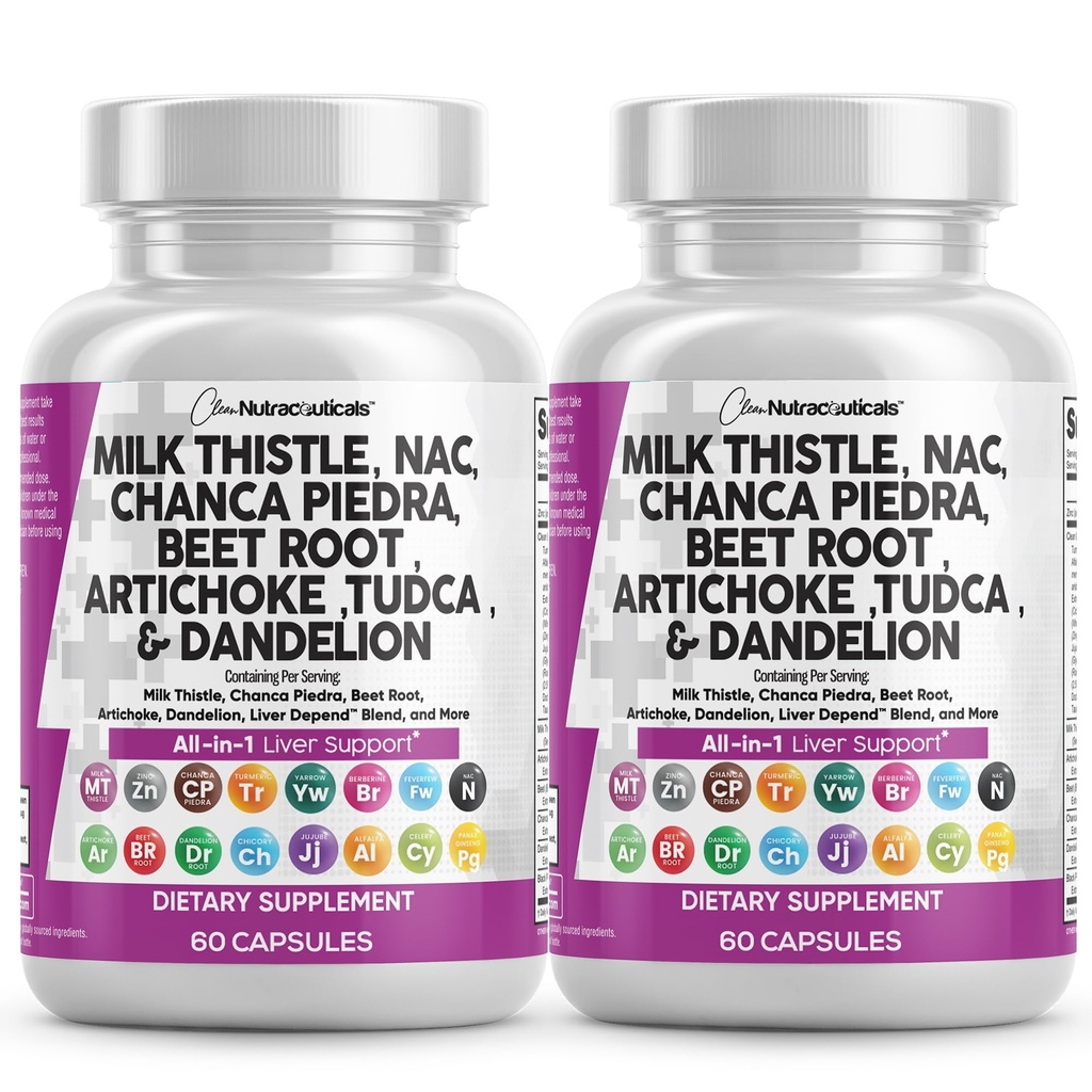 Rene nukleosteroider Mælk Thistle NAC Chanca Piedra Beet Root Artichoke Mælkerod - Lever Rengøring Supplement Plus TUDCA Cholin & Ginger - 2Pack