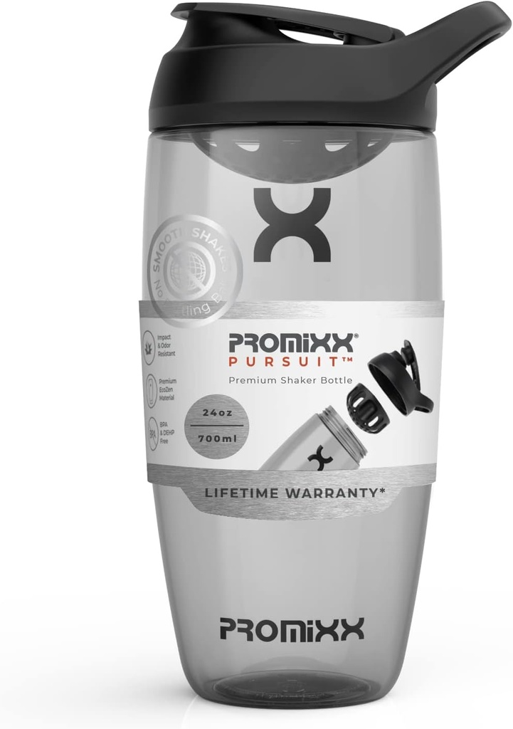 Promixx Pursuit Protein Shaker Flaske (24 oz) - Silent No- Ball Mixer, Leak- Proof Lid, BPA / BPS & Phthalate- Free ECOZEN - Easy- Clean Shaker Cup for Protein Shakes, Pre & Post- Workout Smoothies
