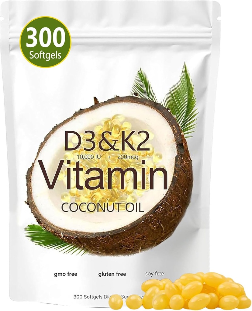 Vitamin D3 K2 Softgel, D3 K2 Vitamin 10000 IE, 10000 IE VIT D3 + 200 MCG Vitamin K2, Fri for GMO, Gluten, Soy, Knoglehelbred, Understøtter Calcium Absorption, 300 Gels