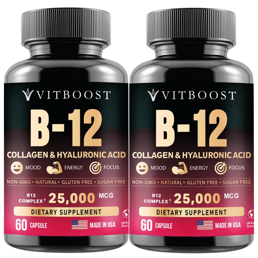 B12 Methylcobalamin med Hyaluronsyre, Collagen, og Folate - 25000 mcg Supplement Enhance Absorption & Boost Energy Note 124; Gluten- fri, Lavet i USA, B1, B2, B3, B6, B7 Complex - pakke med 2