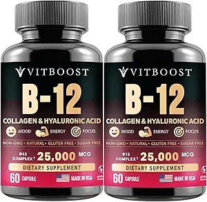B12 Methylcobalamin med Hyaluronsyre, Collagen, og Folate - 25000 mcg Supplement Enhance Absorption & Boost Energy Note 124; Gluten- fri, Lavet i USA, B1, B2, B3, B6, B7 Complex - pakke med 2