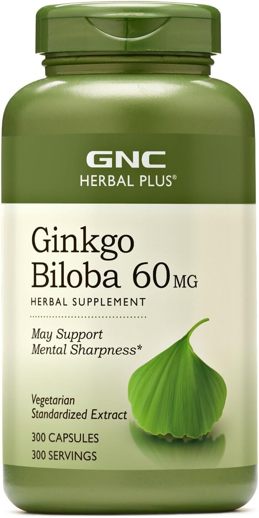 GNC Herbal Plus Ginkgo Biloba 60mg tillæg, Vegetar, Understøtter Mental Sharpness, 300 Servere