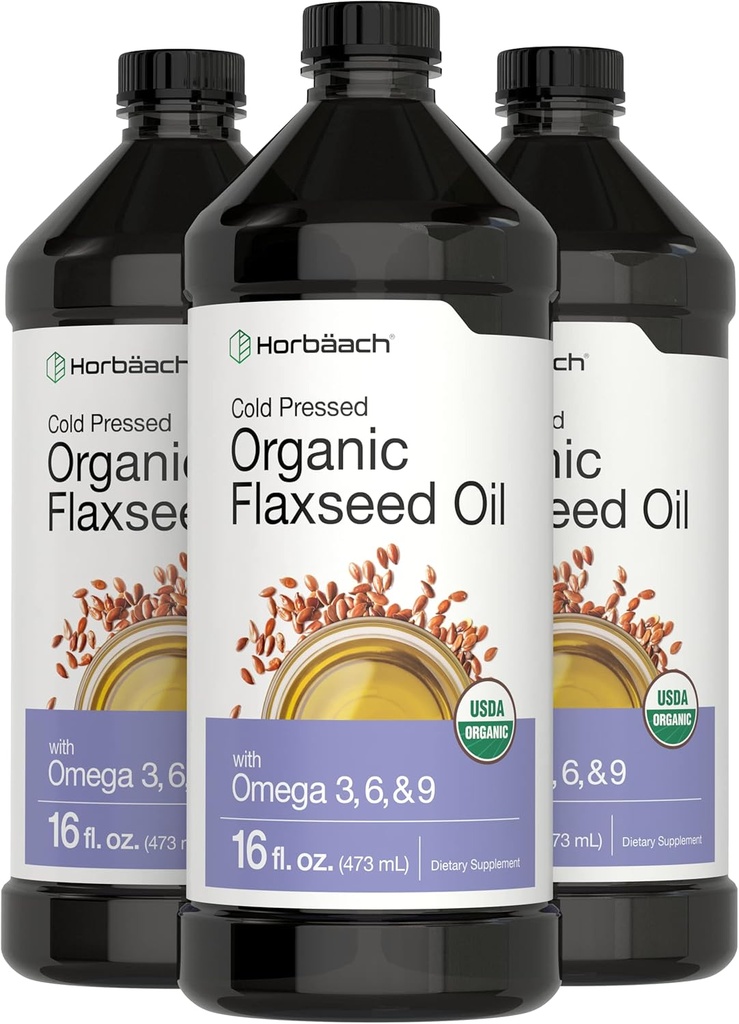 Horbäach Organic Flaxseed Oil against 124; 3 Pack against 124; 16 fl oz Hver Shained 124; Cold Pressed Measures 124; med Omega 3, 6, 9 Measures 124; Vegetar, Non- GMO, Gluten Free Liquid