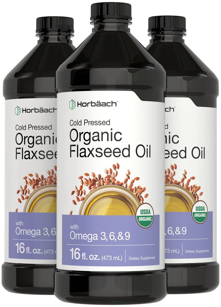 Horbäach Organic Flaxseed Oil against 124; 3 Pack against 124; 16 fl oz Hver Shained 124; Cold Pressed Measures 124; med Omega 3, 6, 9 Measures 124; Vegetar, Non- GMO, Gluten Free Liquid