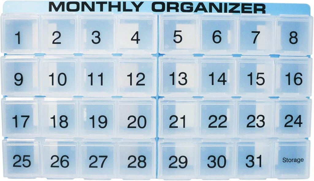 Månedlig Pill Organizer Mea124; 31 rum, 1 per dag, 4 uge Fuld Måned 31 Dag Pill Organizer Mea124; Inkluderer Bakke og 8 Aftagelige rum