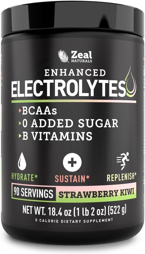 Zeal Naturals Electrolyte Powder Recovery Drink (90 Servings ttesmå 124; Strawberry Kiwi) w 0 Sugar + BCAAs + B-Vitaminer Electrolyte Supplement w Kalium Zink & Magnesium for Hydration - Keto Electrolytes