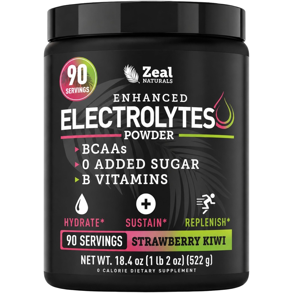 Zeal Naturals Electrolyte Powder Recovery Drink (90 Servings ttesmå 124; Strawberry Kiwi) w 0 Sugar + BCAAs + B-Vitaminer Electrolyte Supplement w Kalium Zink & Magnesium for Hydration - Keto Electrolytes
