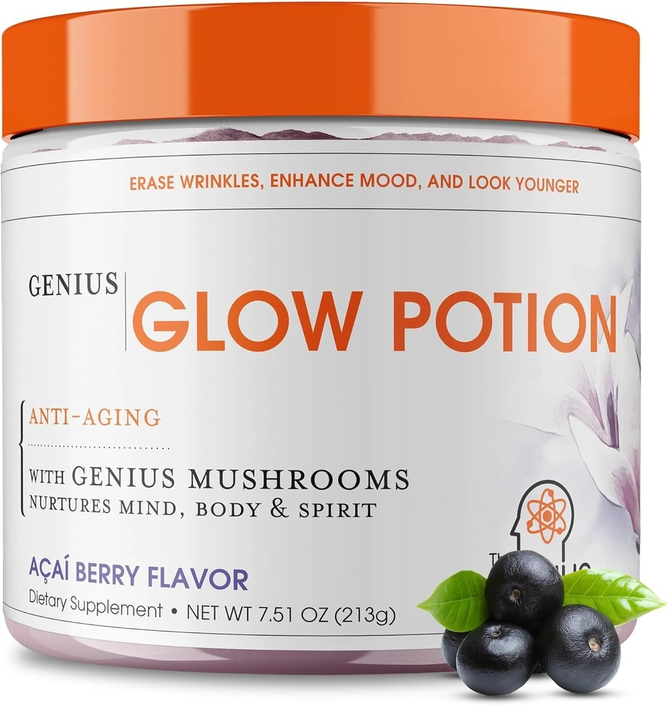 Genius Brand Genius Glow Potion - Daily Skincare Supplement til glødende hud - Understøtter hydrering, Elasticitet, immunforsvar & hjerne funktion - drevet af Nootropics - Acai Berry - 30 Serveringer
