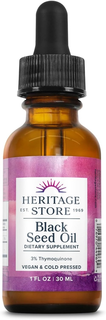 HERITAGE OPBEVARING Black Seed Oil w / 3% Thymoquinon, Omega 6 9 - Nigella Sativa Liquid Oil, Cold Pressed from Black Seeds, Joints, fordøjelse og immunforsvar, Vegan, 60- Day Garanti, 30 Serv, 1 fl oz