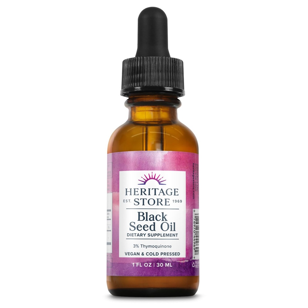 HERITAGE OPBEVARING Black Seed Oil w / 3% Thymoquinon, Omega 6 9 - Nigella Sativa Liquid Oil, Cold Pressed from Black Seeds, Joints, fordøjelse og immunforsvar, Vegan, 60- Day Garanti, 30 Serv, 1 fl oz
