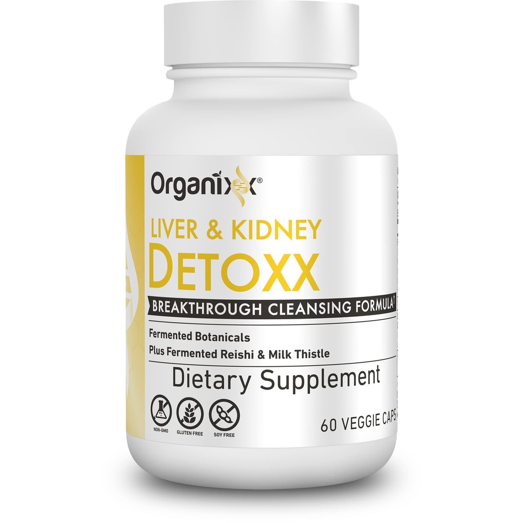 Organixx Nyre & Leverstøtte Cleanse Supplement, Milk Thistle Reishi Herbal Formel til fordøjelsessygdomme, Nyre & Lever Sundhed, Søvn & Energistøtte, Gluten Free, Ikke GMO, 60 Vegetariske Kapsler