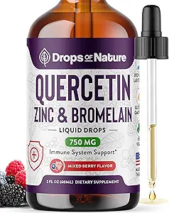 Quercetin med Bromelain & Zink (5 mg) Flydende dråber - Immunstøtte til voksne og børn - Ultra-Koncentreret Bioflavonoider - Immunforsvar - Cellular Health - Vegan, Non- GMO, Gluten Free - 2 Fl Oz