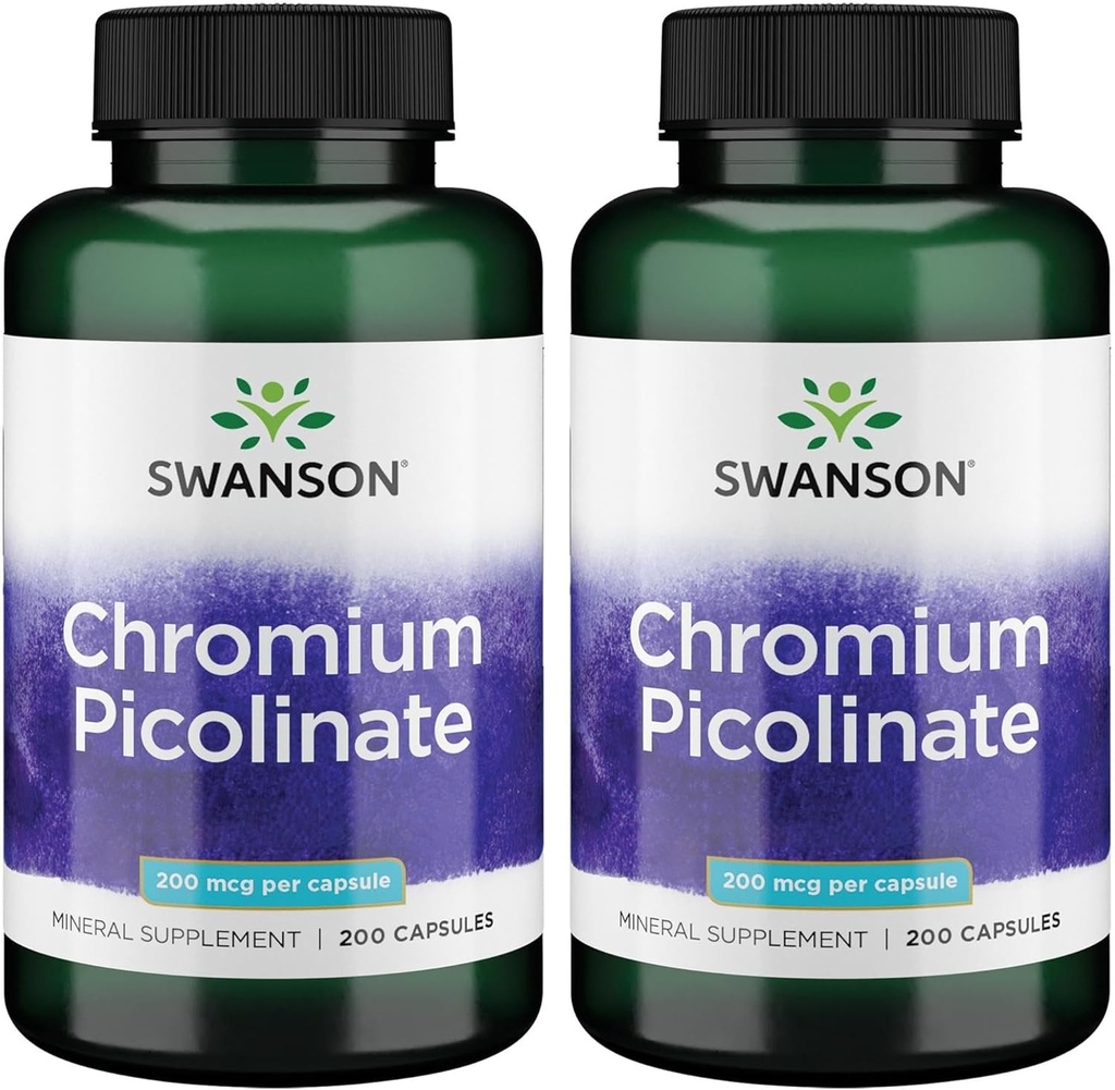 Swanson Chrom Picolinate - Natural Supplement Fremme Metabolisme & Vægt Management - Understøtter sunde blodsukkerniveauer allerede inden for det normale område - (200 kapsler, 200mcg Hver) 2 pakke